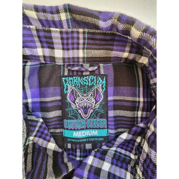 Born Scum Bottom Feeder Shirt Mens Medium Purple Black Plaid Flannel Button Down - Picture 11 of 16
